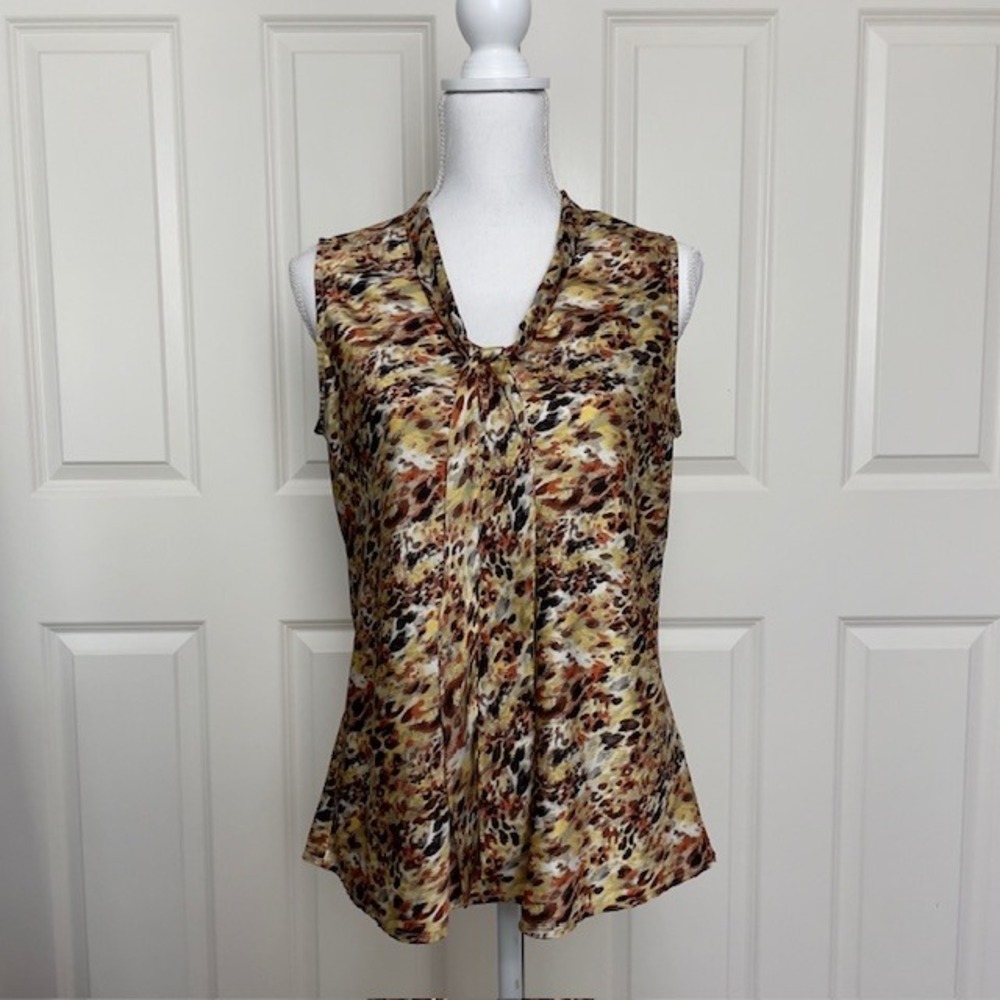 Kasper‎ Sleeveless Multicolor Silky Abstract Print Shell Blouse Tie Front Size M